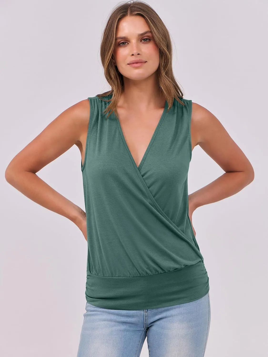 ANRABESS Womens V Neck Tank Tops Wrap Banded Hem Shirts Sleeveless Ruched Going Out Blouse 2025 Summer Fashion Clothing