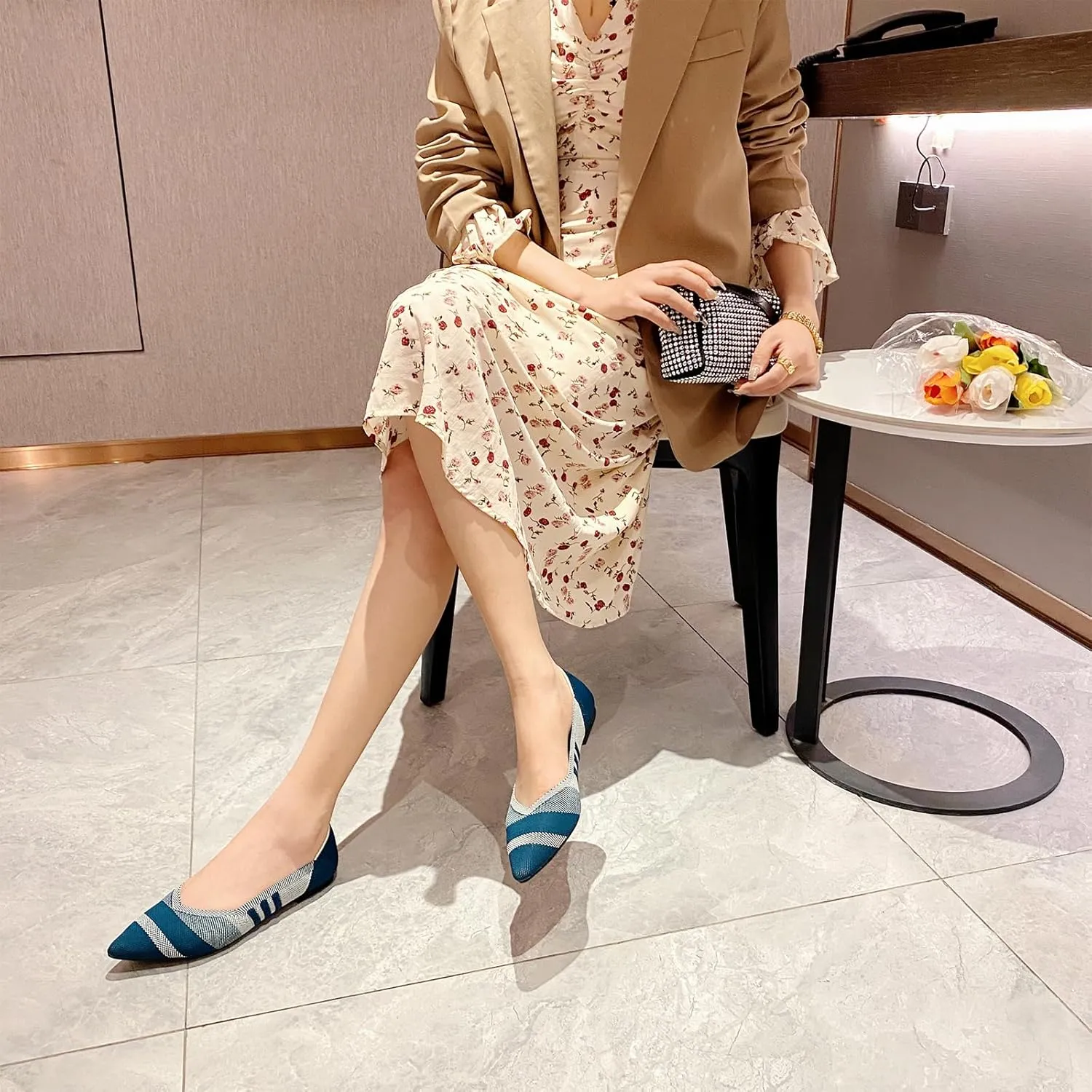 AOQUNFS Women's Ballet Flats Slip On Casual Pointed Toe Knit Flats Dressy Soft Walking Flats Shoes for Daily