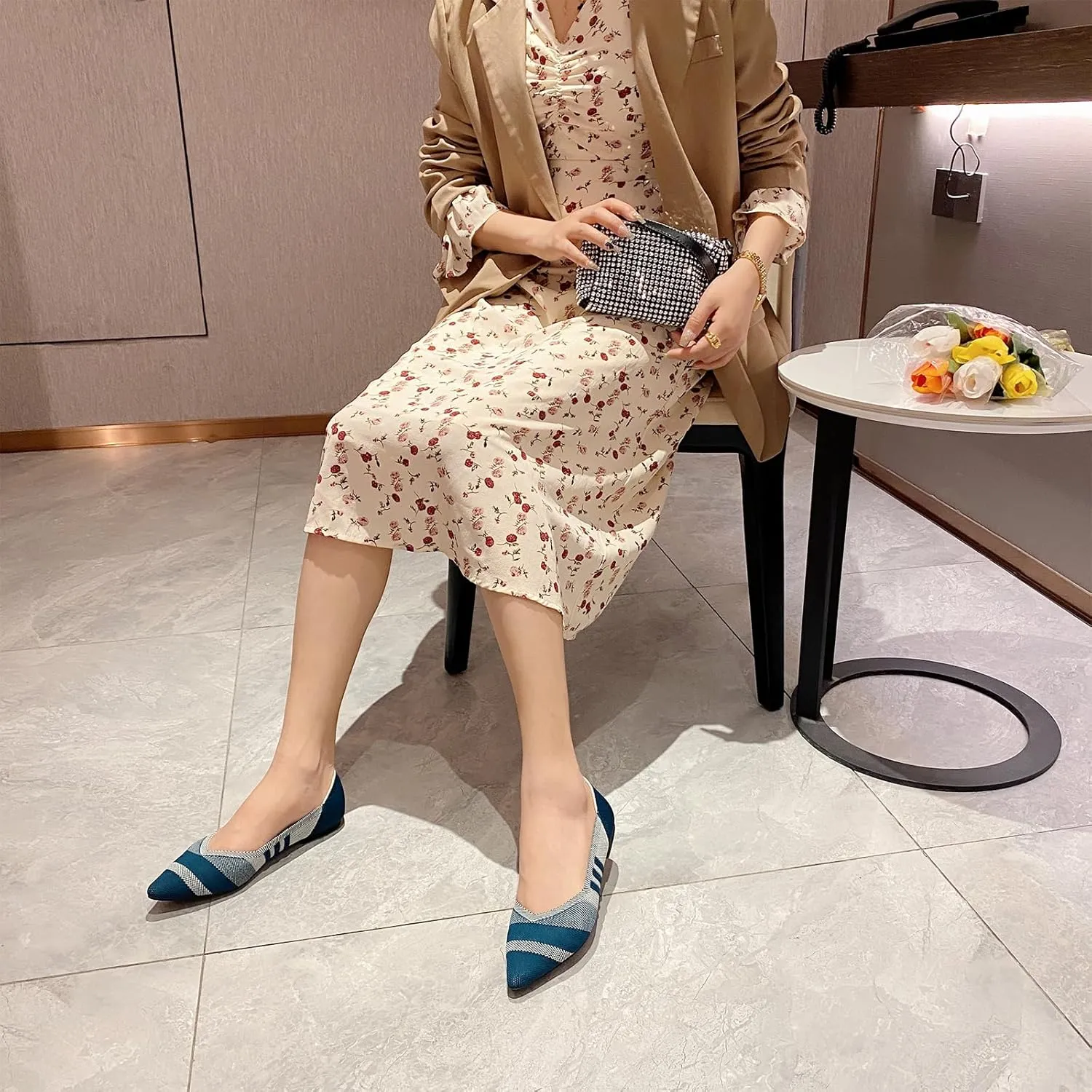 AOQUNFS Women's Ballet Flats Slip On Casual Pointed Toe Knit Flats Dressy Soft Walking Flats Shoes for Daily