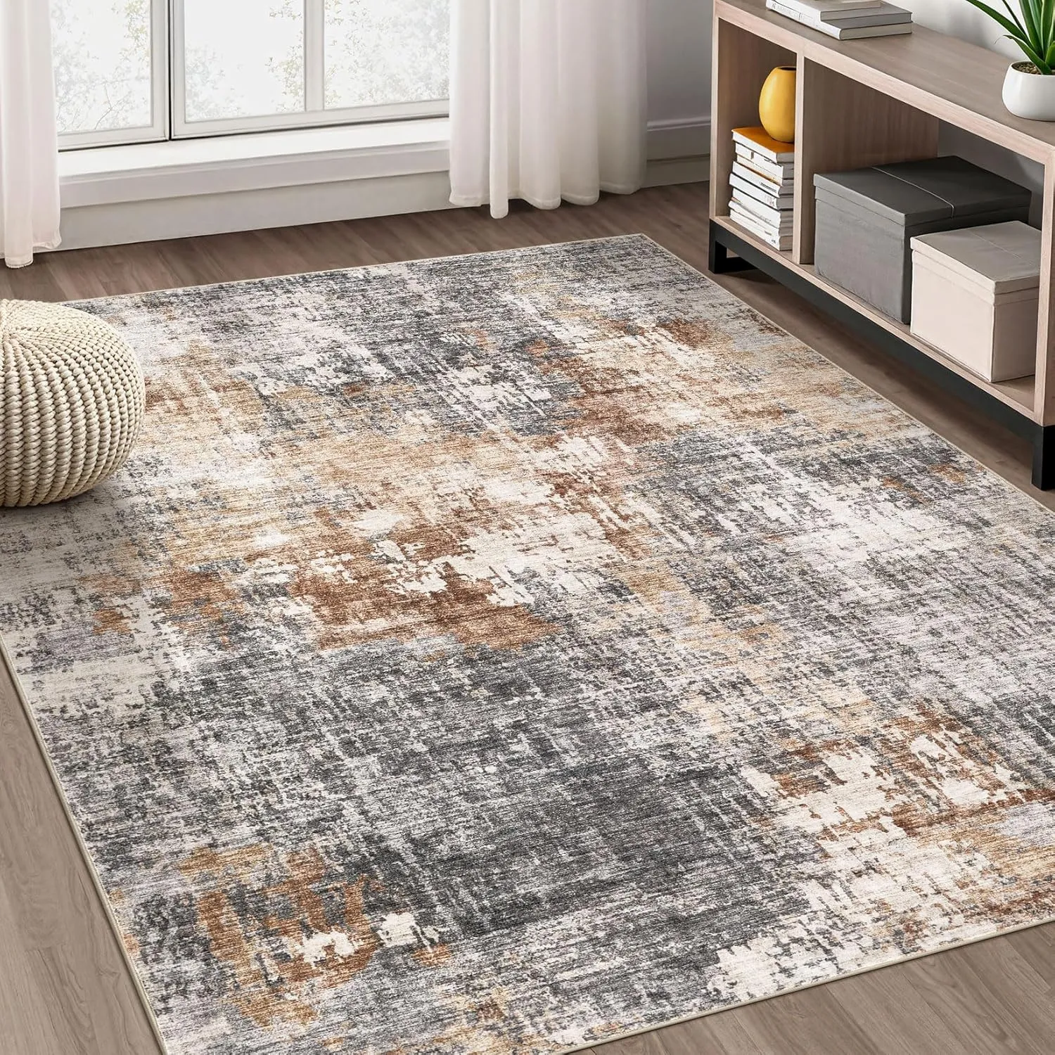 Area Rug Living Room Rugs - 9x12 Washable Large Soft Indoor Neutral Modern Abstract Low Pile Rug Carpet for Bedroom Dining Room Farmhouse Home Office - Grey Brown