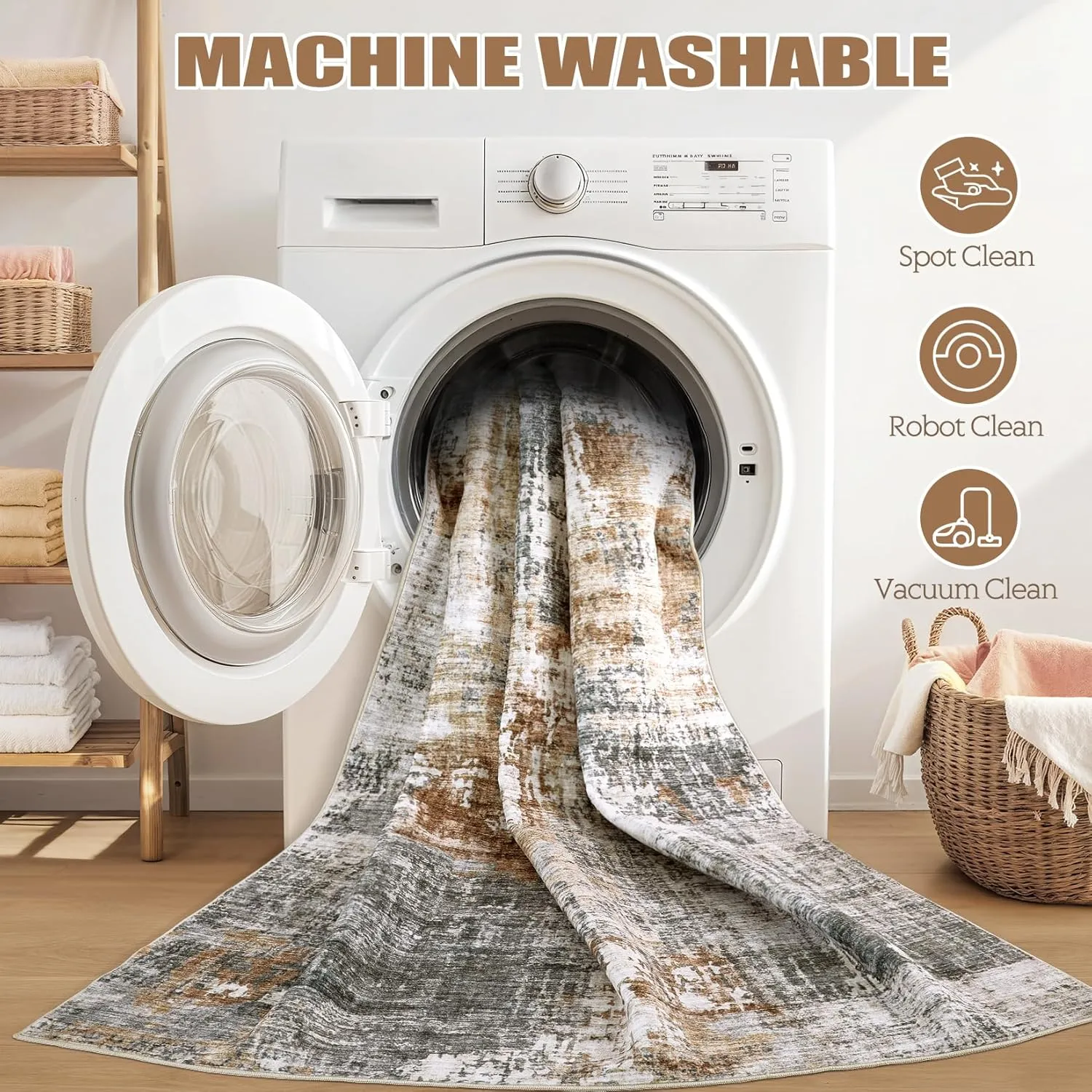 Area Rug Living Room Rugs - 9x12 Washable Large Soft Indoor Neutral Modern Abstract Low Pile Rug Carpet for Bedroom Dining Room Farmhouse Home Office - Grey Brown