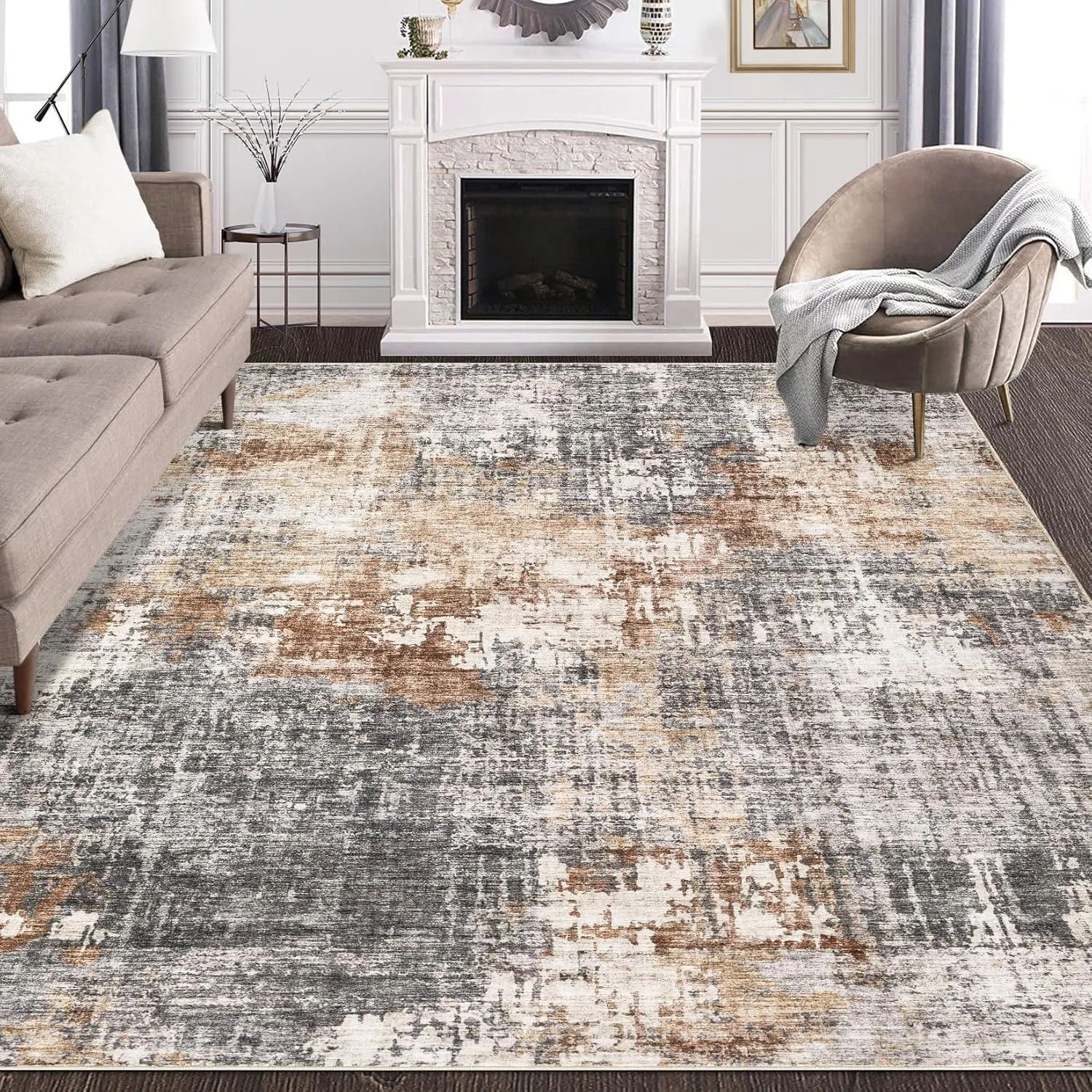 Area Rug Living Room Rugs - 9x12 Washable Large Soft Indoor Neutral Modern Abstract Low Pile Rug Carpet for Bedroom Dining Room Farmhouse Home Office - Grey Brown