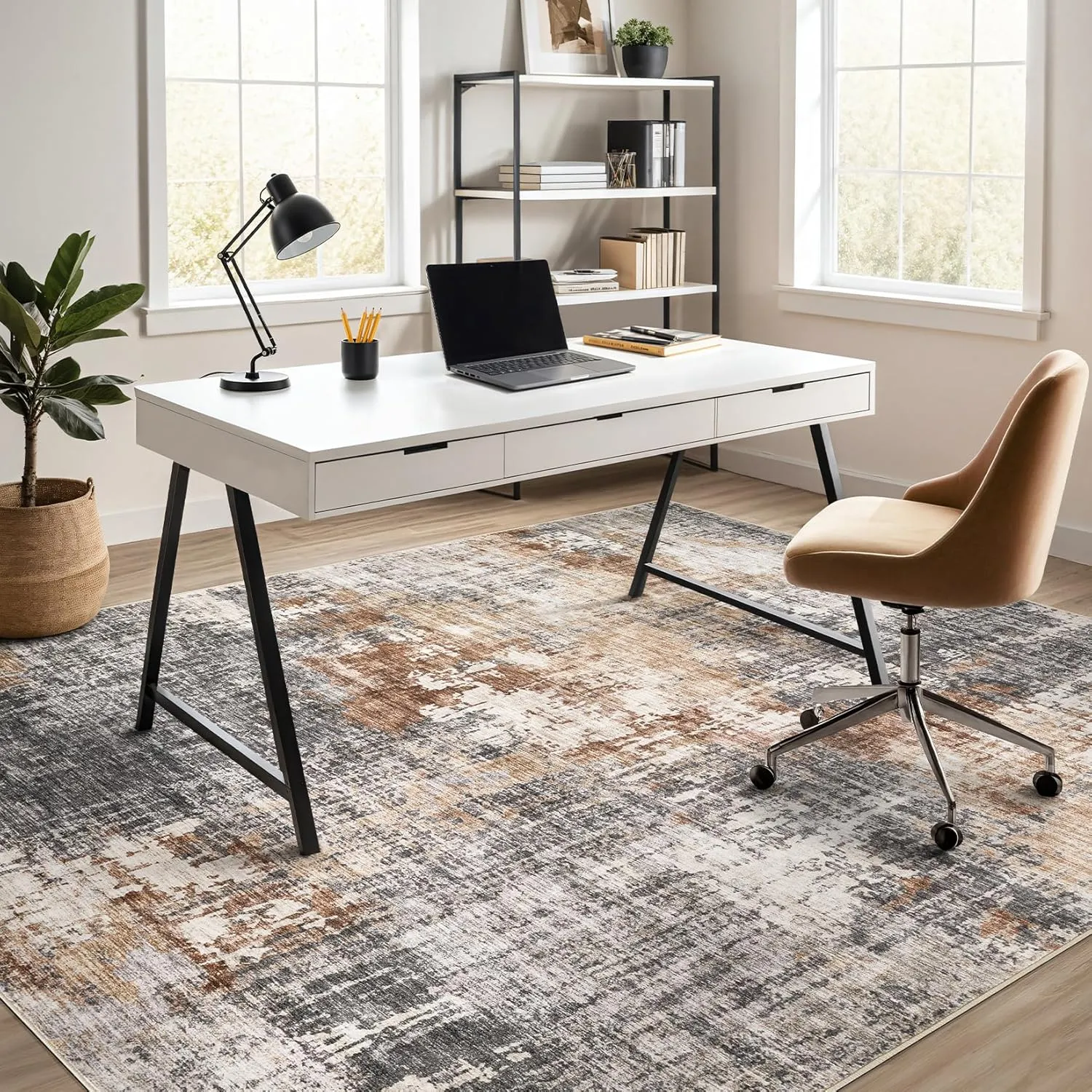 Area Rug Living Room Rugs - 9x12 Washable Large Soft Indoor Neutral Modern Abstract Low Pile Rug Carpet for Bedroom Dining Room Farmhouse Home Office - Grey Brown