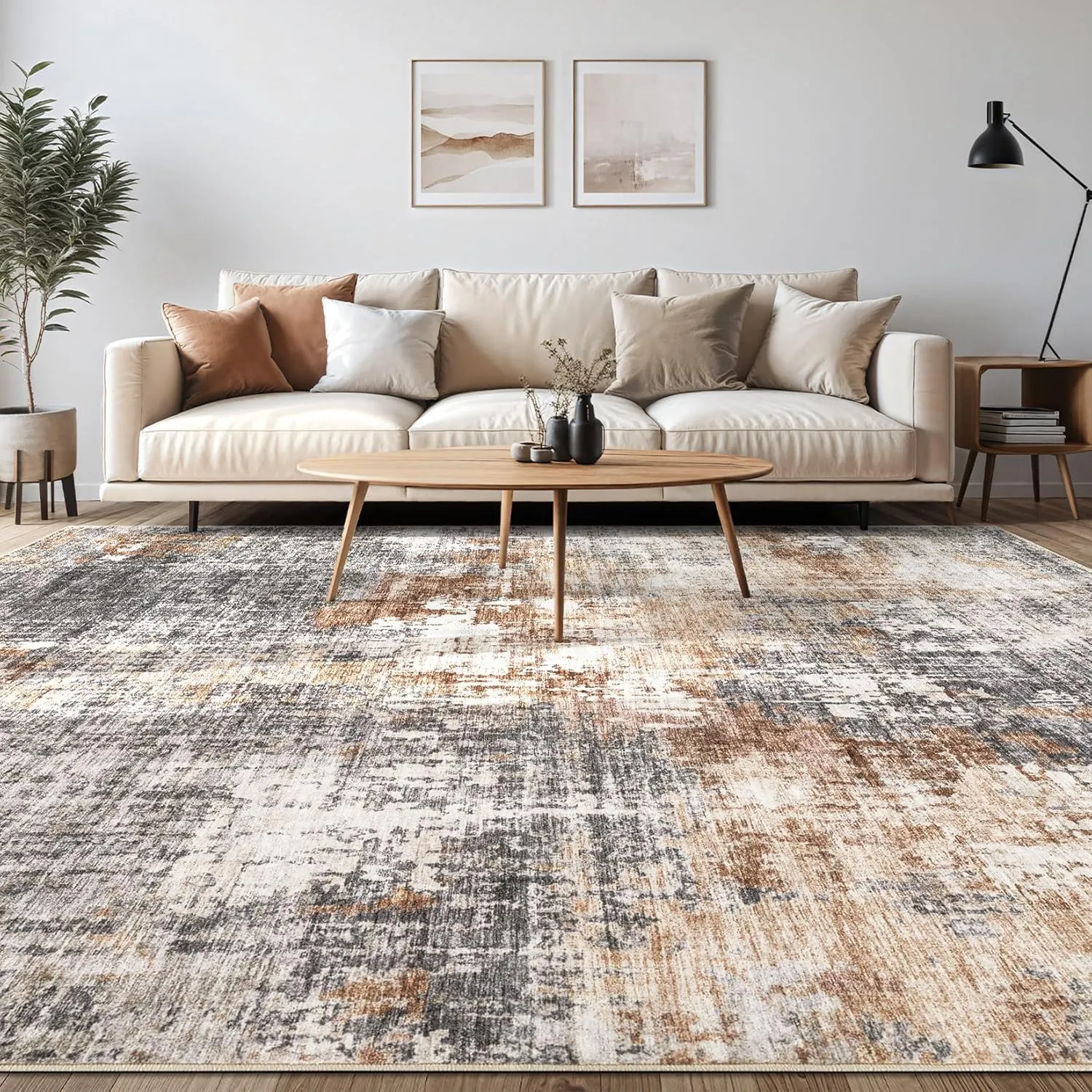 Area Rug Living Room Rugs - 9x12 Washable Large Soft Indoor Neutral Modern Abstract Low Pile Rug Carpet for Bedroom Dining Room Farmhouse Home Office - Grey Brown