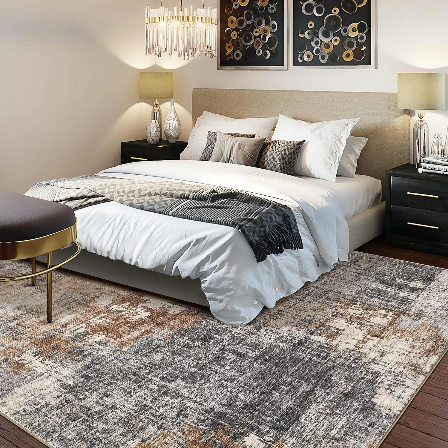 Area Rug Living Room Rugs - 9x12 Washable Large Soft Indoor Neutral Modern Abstract Low Pile Rug Carpet for Bedroom Dining Room Farmhouse Home Office - Grey Brown