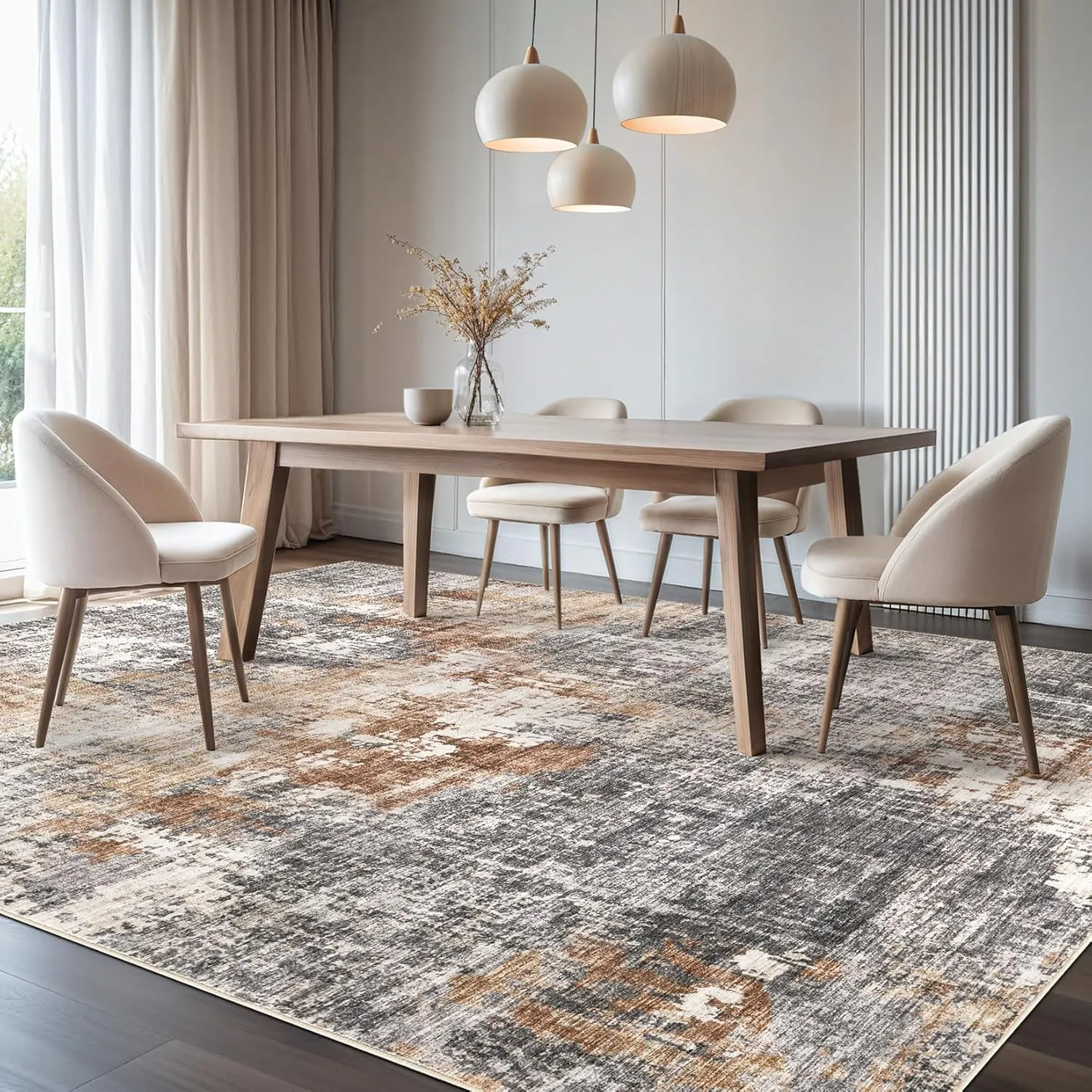 Area Rug Living Room Rugs - 9x12 Washable Large Soft Indoor Neutral Modern Abstract Low Pile Rug Carpet for Bedroom Dining Room Farmhouse Home Office - Grey Brown