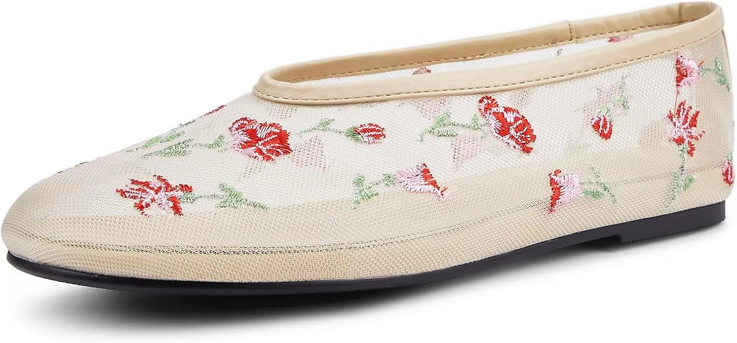 Arqa Crystal-Embellished Mesh Flats Rhinestone Ballet Flat Slip On Ballerina Shoes Comfortable Casual Gauze Shoe