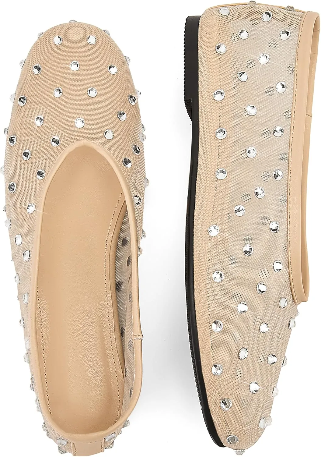 Arqa Crystal-Embellished Mesh Flats Rhinestone Ballet Flat Slip On Ballerina Shoes Comfortable Casual Gauze Shoe