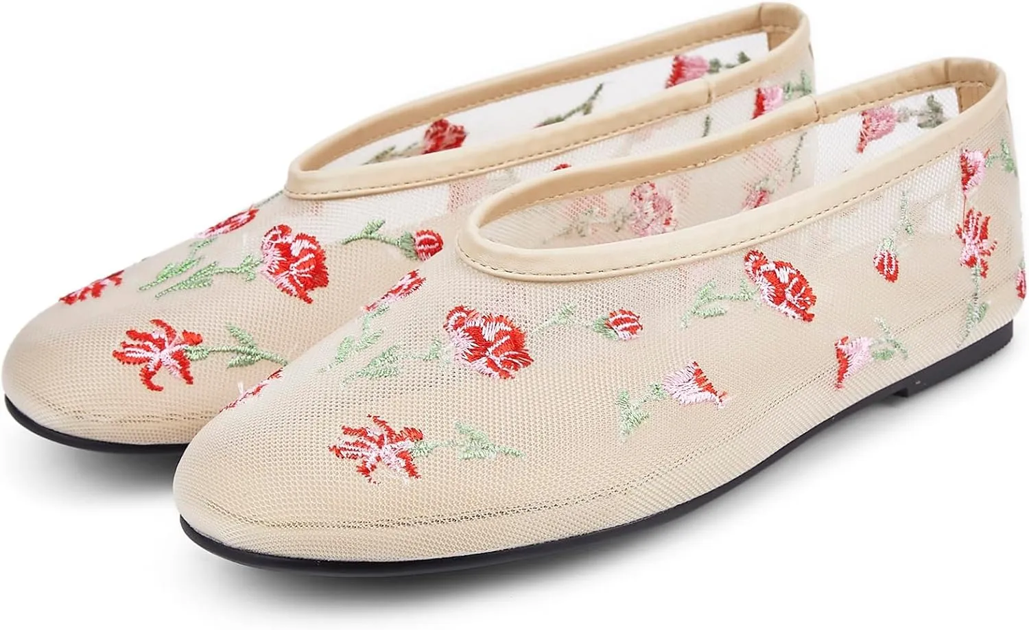 Arqa Crystal-Embellished Mesh Flats Rhinestone Ballet Flat Slip On Ballerina Shoes Comfortable Casual Gauze Shoe