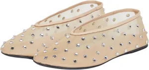 Arqa Crystal-Embellished Mesh Flats Rhinestone Ballet Flat Slip On Ballerina Shoes Comfortable Casual Gauze Shoe