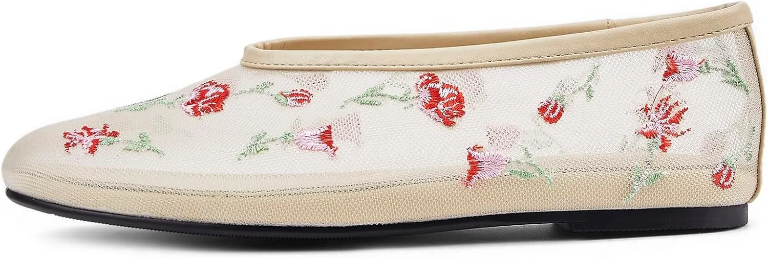 Arqa Crystal-Embellished Mesh Flats Rhinestone Ballet Flat Slip On Ballerina Shoes Comfortable Casual Gauze Shoe