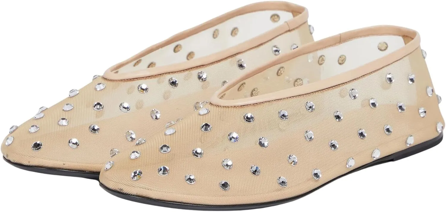 Arqa Crystal-Embellished Mesh Flats Rhinestone Ballet Flat Slip On Ballerina Shoes Comfortable Casual Gauze Shoe