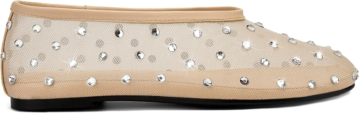 Arqa Crystal-Embellished Mesh Flats Rhinestone Ballet Flat Slip On Ballerina Shoes Comfortable Casual Gauze Shoe