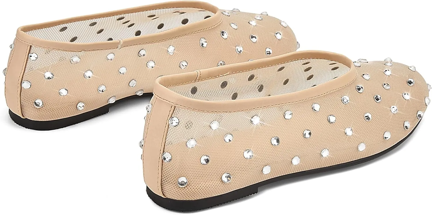 Arqa Crystal-Embellished Mesh Flats Rhinestone Ballet Flat Slip On Ballerina Shoes Comfortable Casual Gauze Shoe