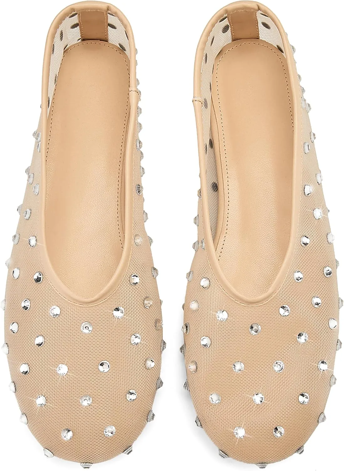 Arqa Crystal-Embellished Mesh Flats Rhinestone Ballet Flat Slip On Ballerina Shoes Comfortable Casual Gauze Shoe