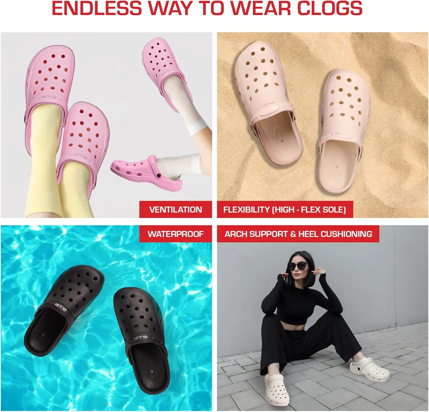 ARRIA AirClog Chunk & Classic Shoes, Unisex, Lightweight Slip-On Clogs with 360° Comfort, Breathable, Quick-Dry, Customizable Charms for Travel, Beach, Nurses, Gym & Home