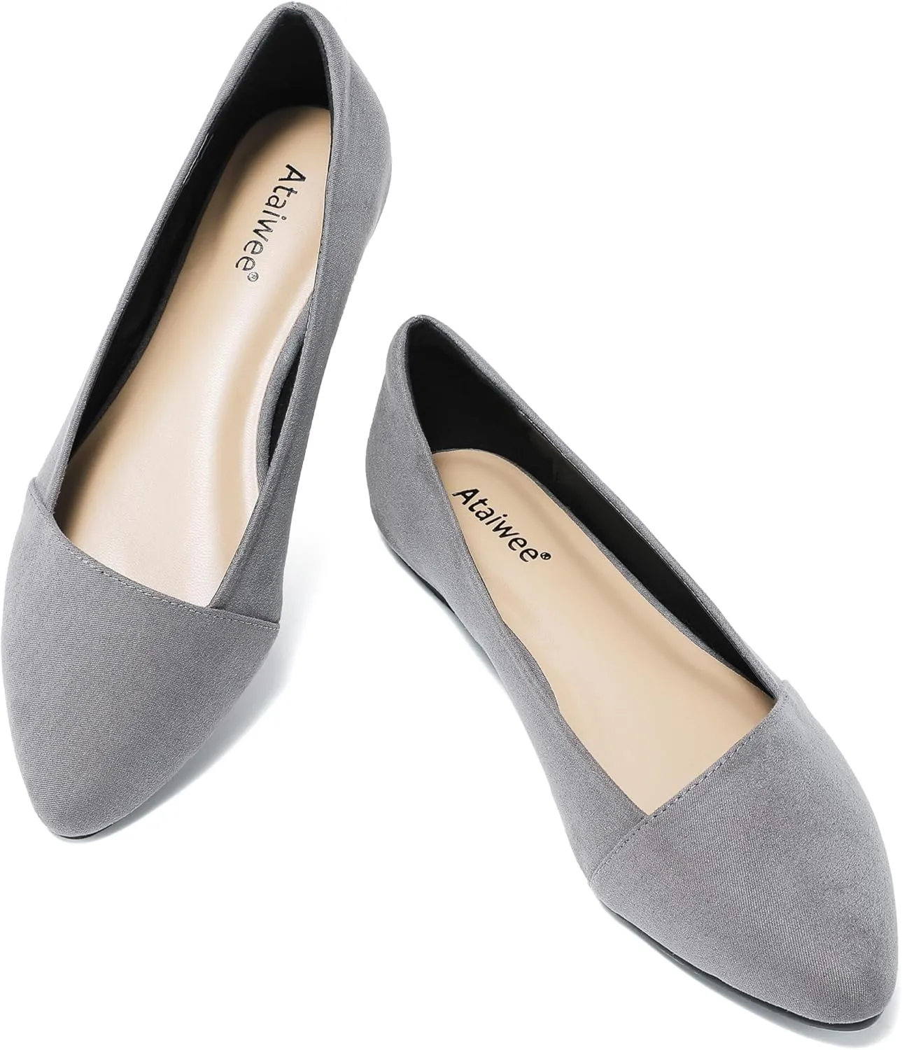 Ataiwee Women's Wide Width Flat Shoes, Classic Dressy Pointed Suede Cozy Slip on Soft Ballet Flats.