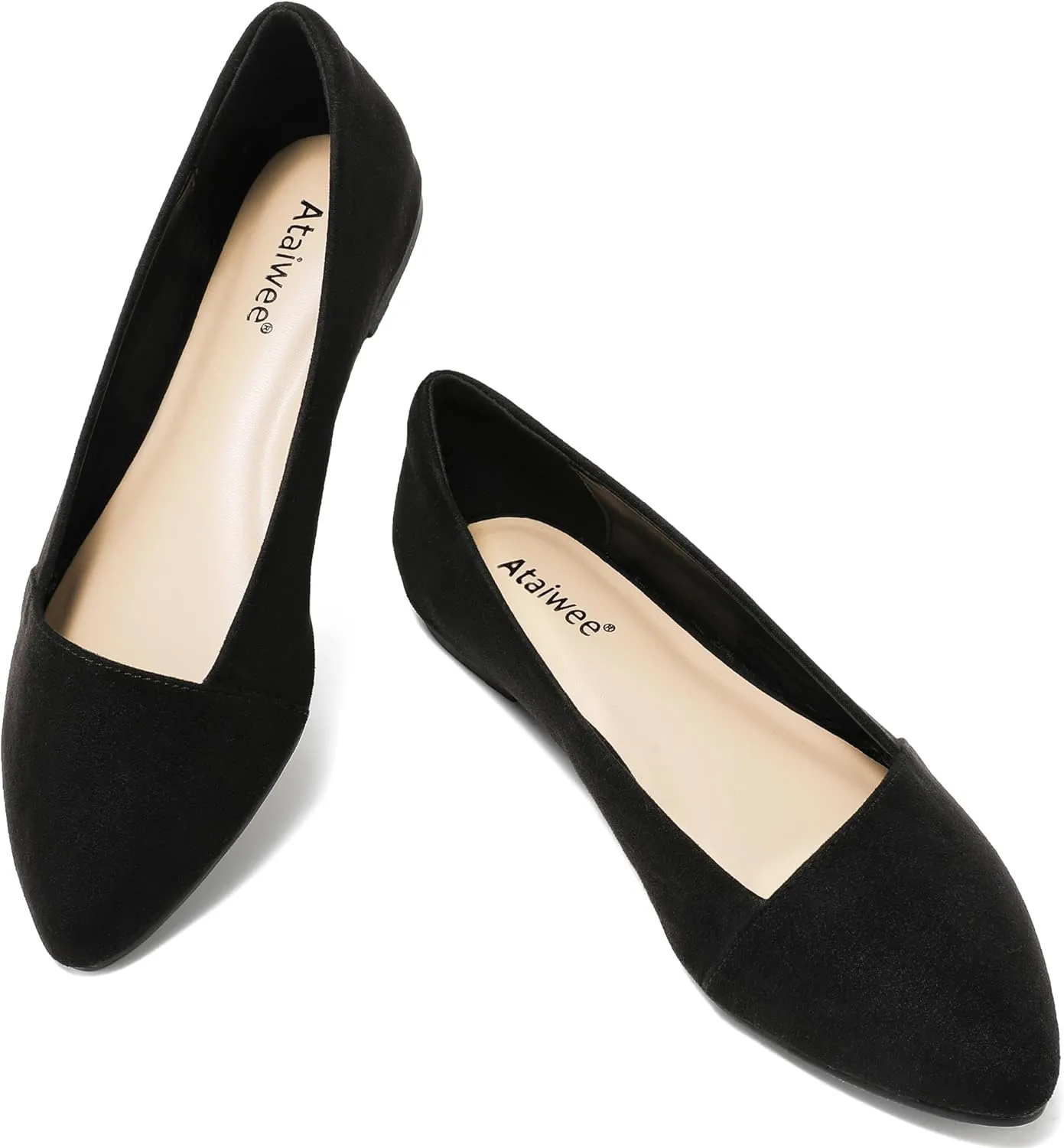 Ataiwee Women's Wide Width Flat Shoes, Classic Dressy Pointed Suede Cozy Slip on Soft Ballet Flats.