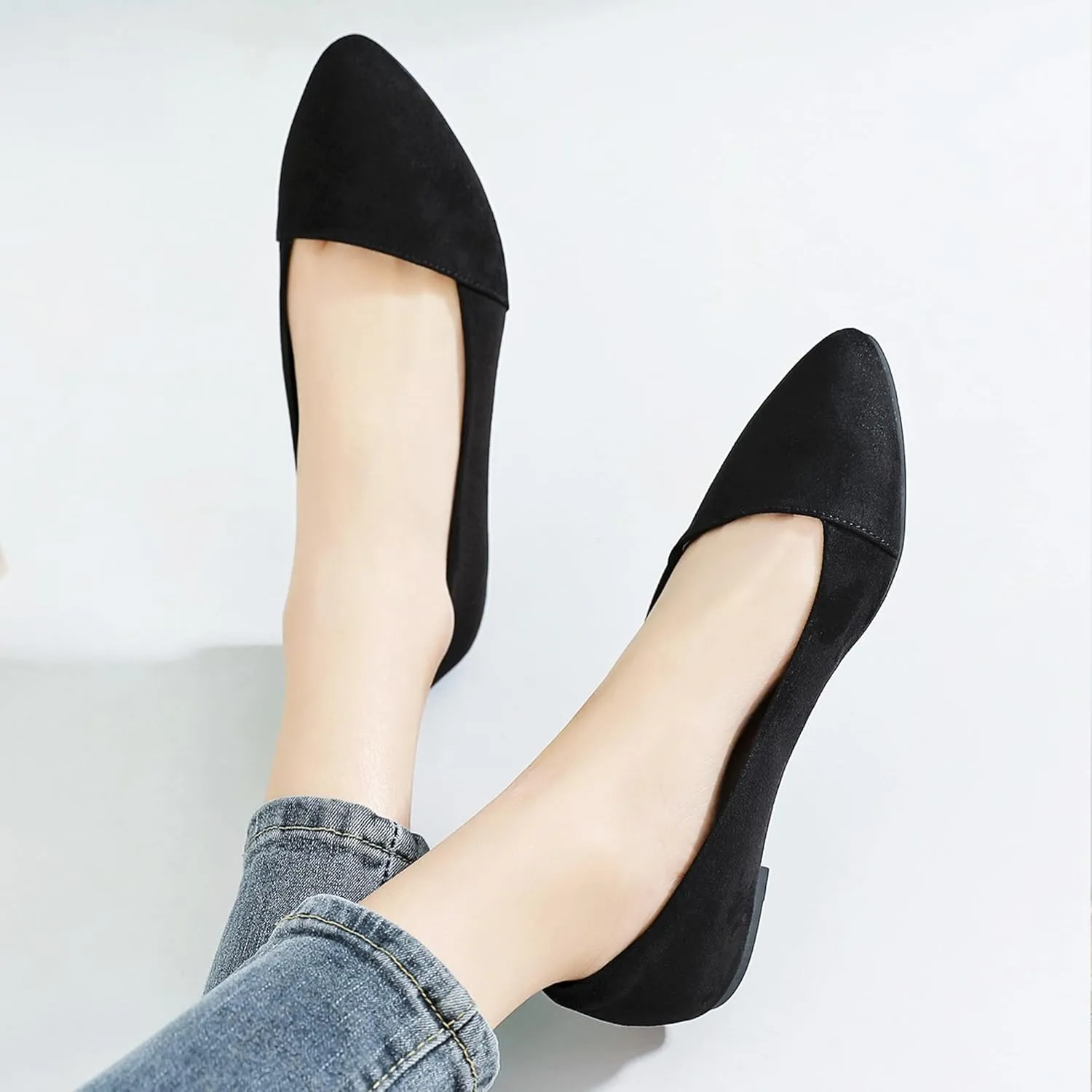 Ataiwee Women's Wide Width Flat Shoes, Classic Dressy Pointed Suede Cozy Slip on Soft Ballet Flats.