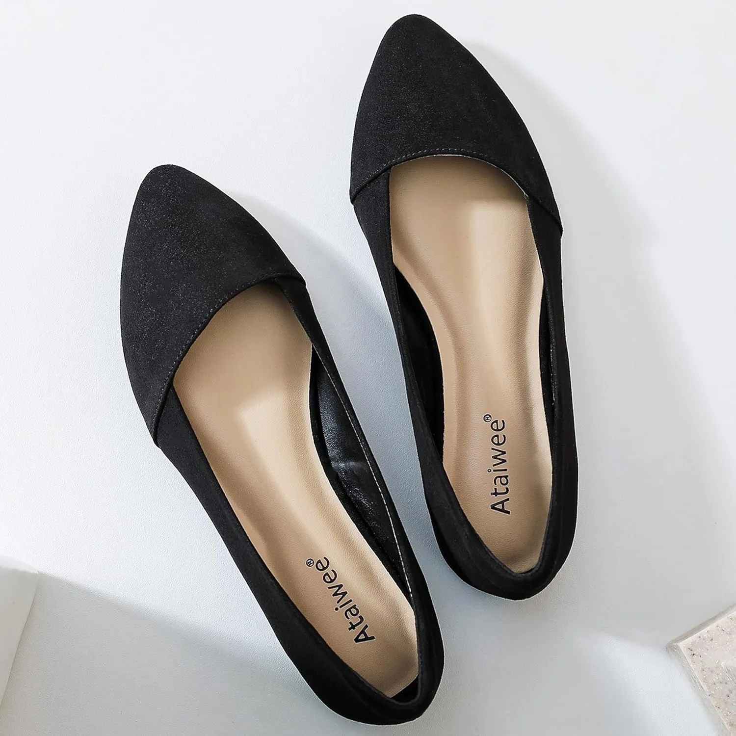 Ataiwee Women's Wide Width Flat Shoes, Classic Dressy Pointed Suede Cozy Slip on Soft Ballet Flats.