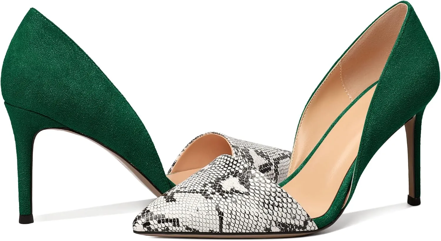 AUMOTED Women Stiletto Heels Snakeskin Slip On Pointed Toe Pumps Closed Toe High Heel Dress Shoes for Wedding Party Offie 3.4 Inch