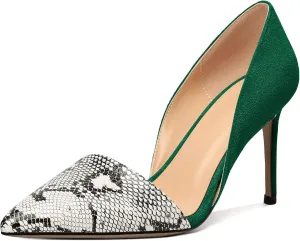 AUMOTED Women Stiletto Heels Snakeskin Slip On Pointed Toe Pumps Closed Toe High Heel Dress Shoes for Wedding Party Offie 3.4 Inch