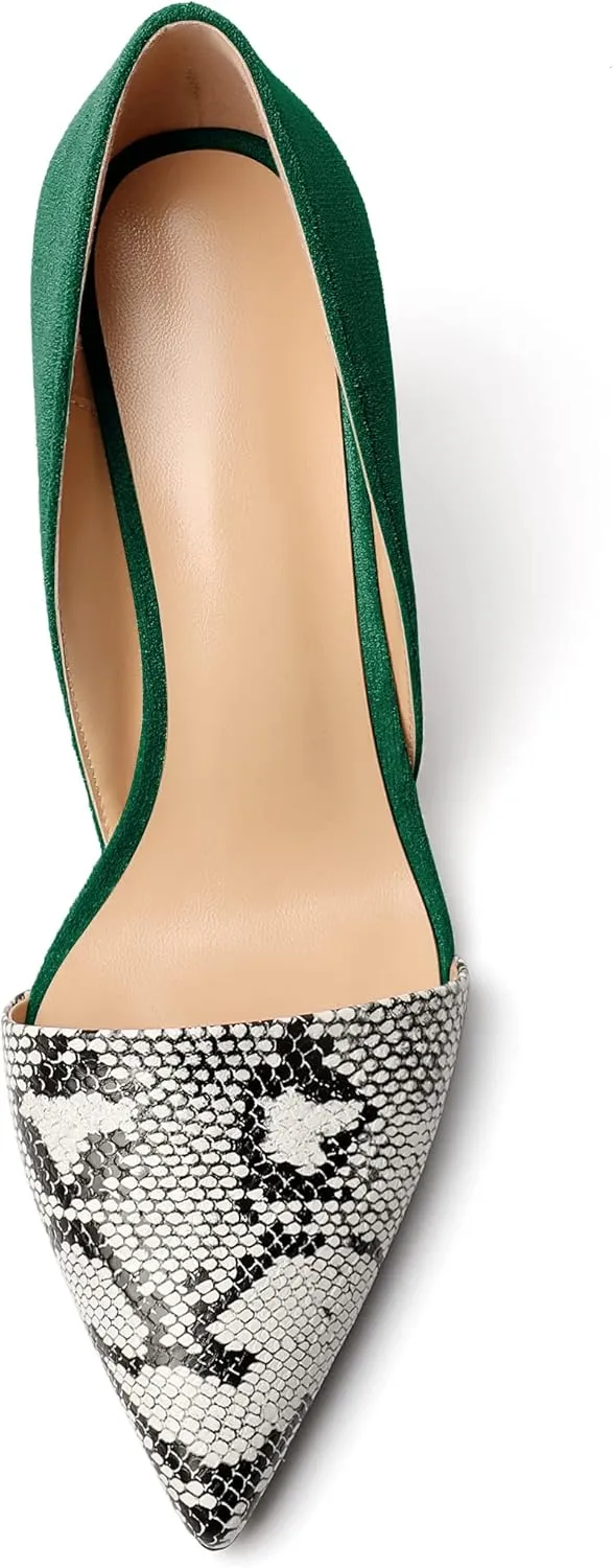 AUMOTED Women Stiletto Heels Snakeskin Slip On Pointed Toe Pumps Closed Toe High Heel Dress Shoes for Wedding Party Offie 3.4 Inch