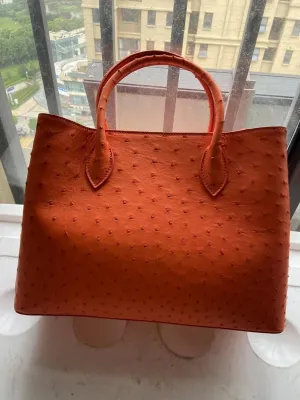 Authentic Real True Ostrich Skin Women's Totes Female Handbag Genuine Leather Lady Working Purse Large Shoulder Bag (orange color)