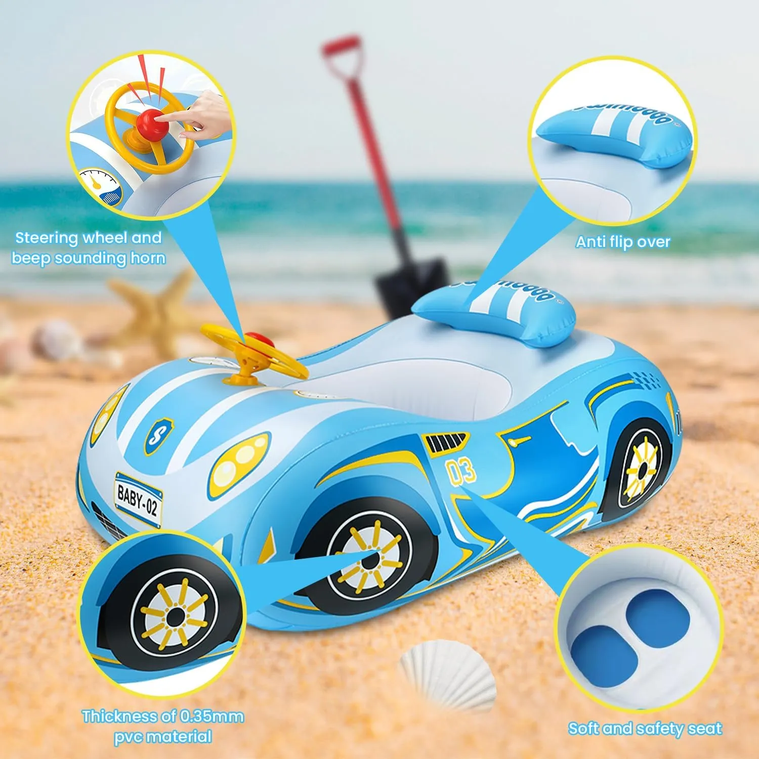 Baby Pool Float 3D Car Baby Floaties for Toddlers 12-48 Months Heavy Duty Infant Swim Float Toddlers Pool Floats Kids Swim Floaties Swimming Pool Floats for 1-4 Years Toddler Floaties for Boys & Girls