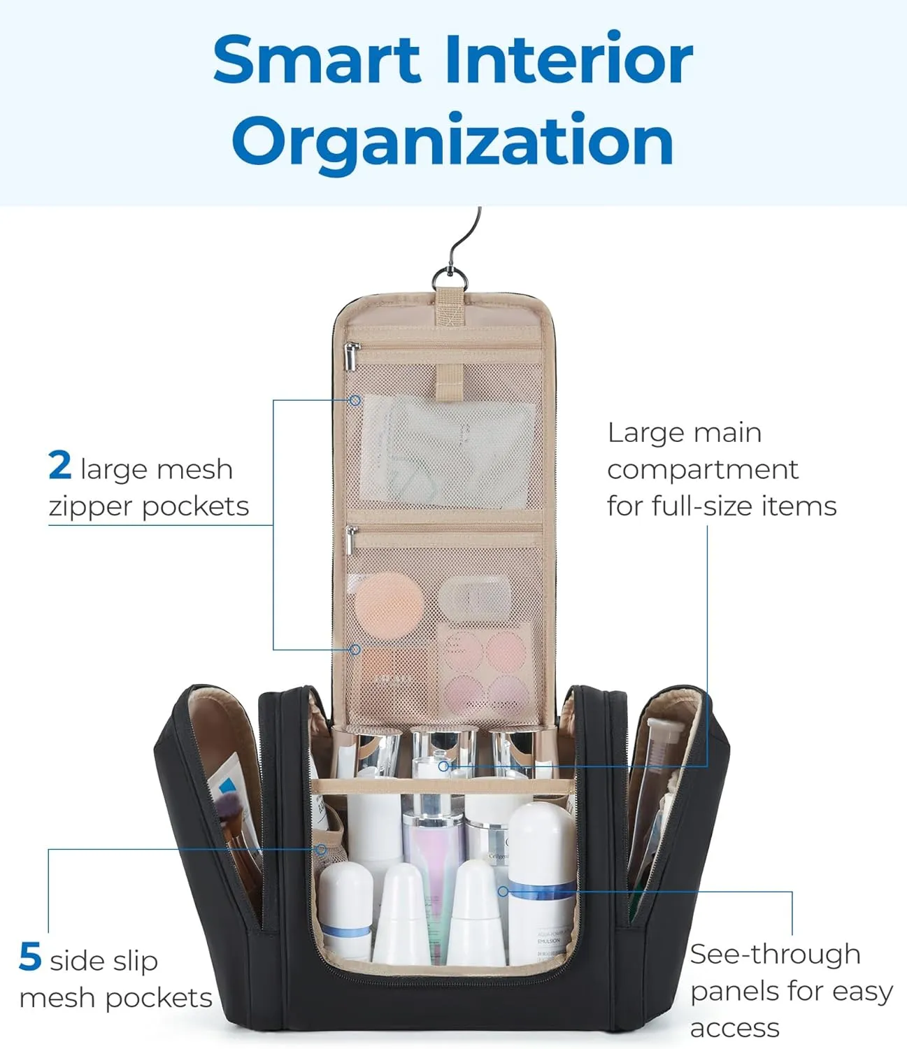 BAGSMART Travel Toiletry Bag for Women, Puffy Water-resistant Hanging Organizer with Hook for Full Sized Toiletries, Brier Rose