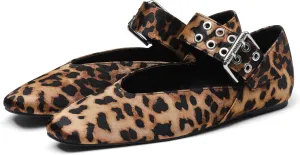 Ballet Flats for Women Square Toe Ballerina Flats Buckle Strap Leopard Print Flats Casual Dress Mary Janes Comfortable Dressy Shoes