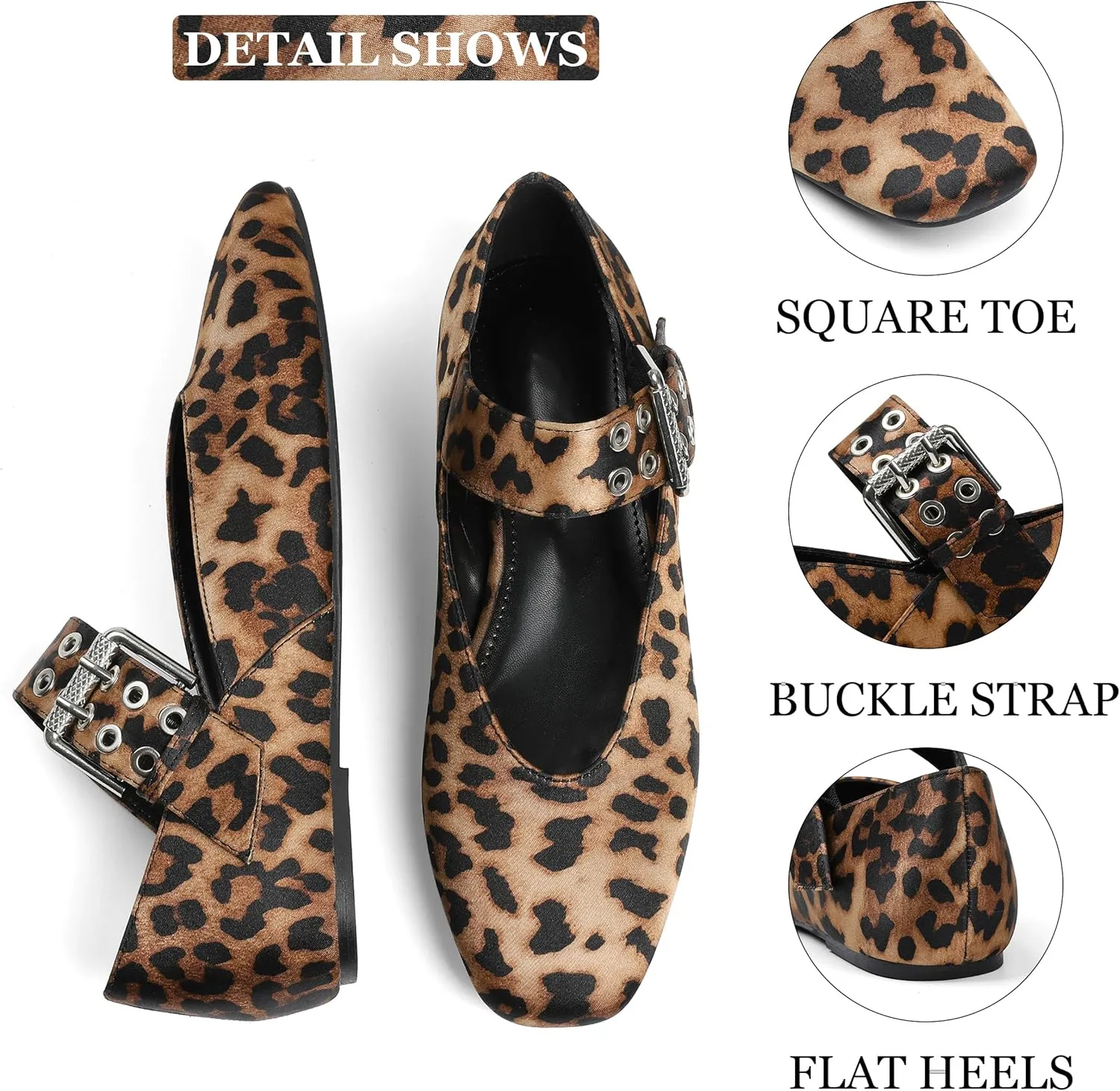Ballet Flats for Women Square Toe Ballerina Flats Buckle Strap Leopard Print Flats Casual Dress Mary Janes Comfortable Dressy Shoes