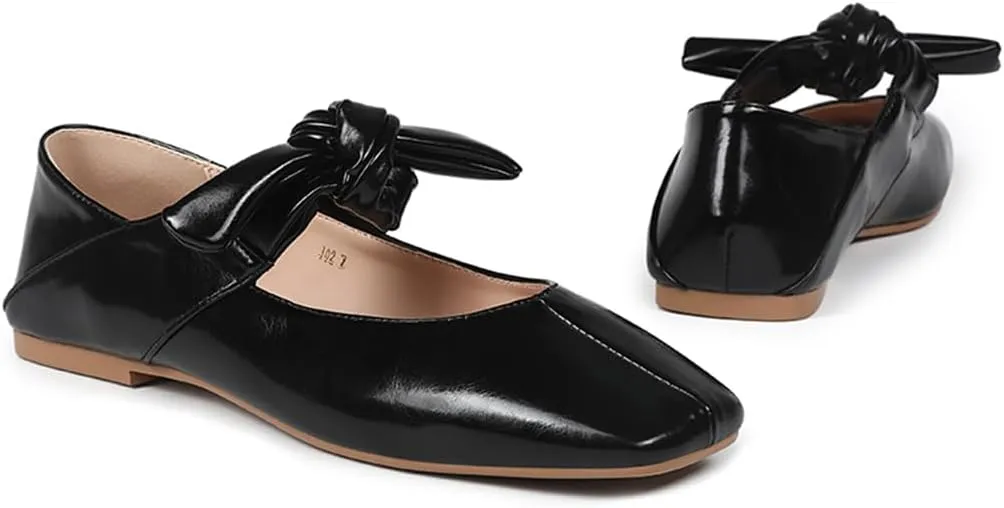 Ballet Flats for Women Square Toe Leather Bow Mary Janes Comfortable Casual Office Walk Dress Shoes