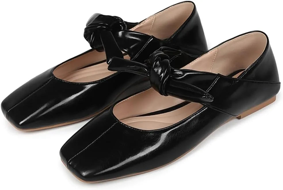 Ballet Flats for Women Square Toe Leather Bow Mary Janes Comfortable Casual Office Walk Dress Shoes