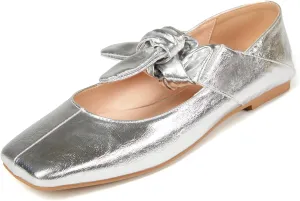 Ballet Flats for Women Square Toe Leather Bow Mary Janes Comfortable Casual Office Walk Dress Shoes
