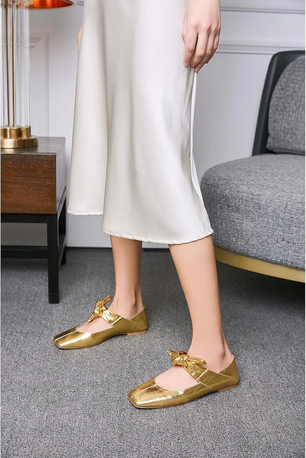Ballet Flats for Women Square Toe Leather Bow Mary Janes Comfortable Casual Office Walk Dress Shoes