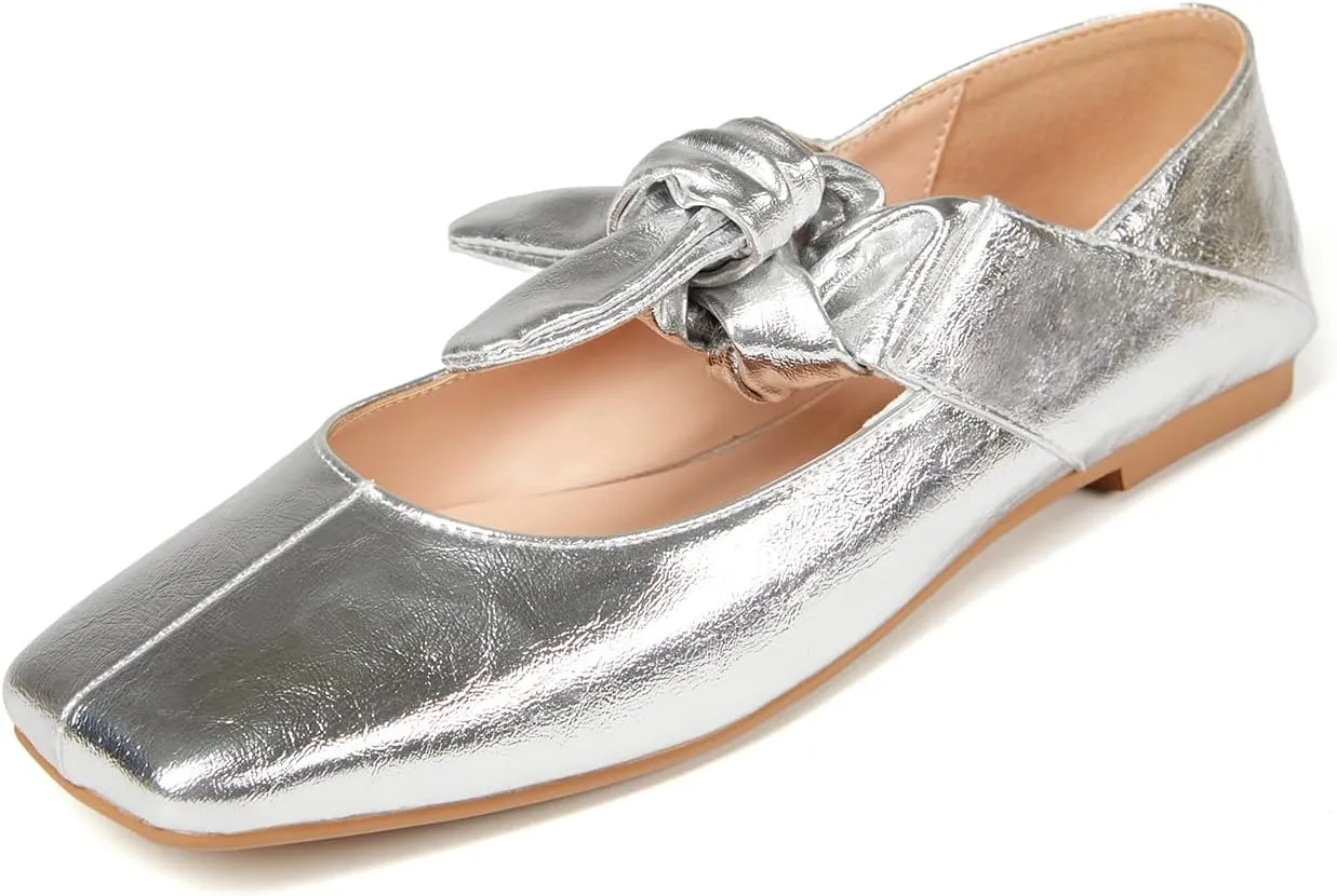 Ballet Flats for Women Square Toe Leather Bow Mary Janes Comfortable Casual Office Walk Dress Shoes