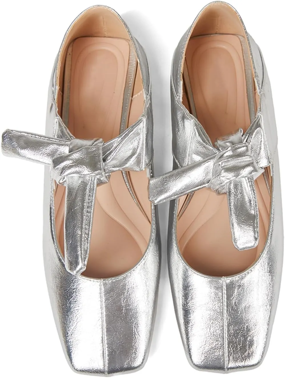 Ballet Flats for Women Square Toe Leather Bow Mary Janes Comfortable Casual Office Walk Dress Shoes