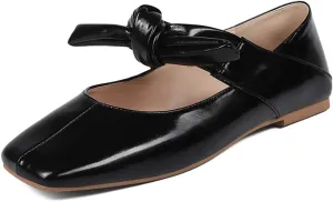 Ballet Flats for Women Square Toe Leather Bow Mary Janes Comfortable Casual Office Walk Dress Shoes