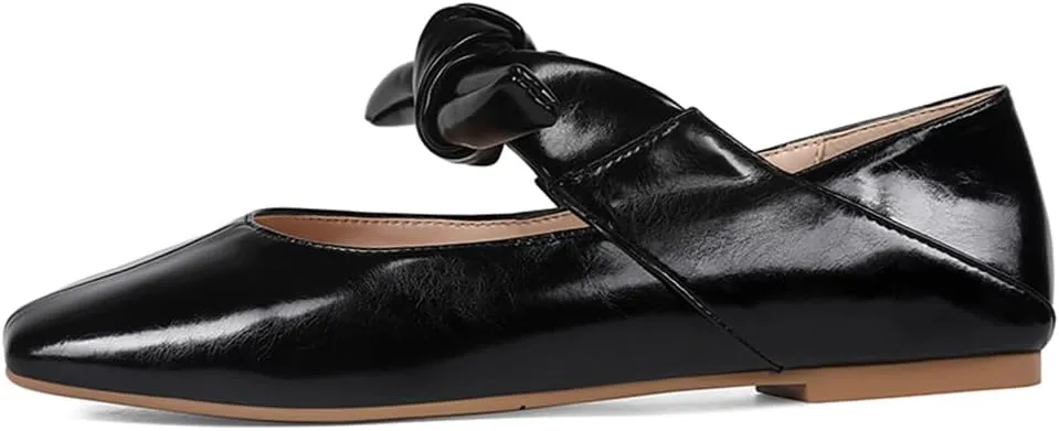 Ballet Flats for Women Square Toe Leather Bow Mary Janes Comfortable Casual Office Walk Dress Shoes