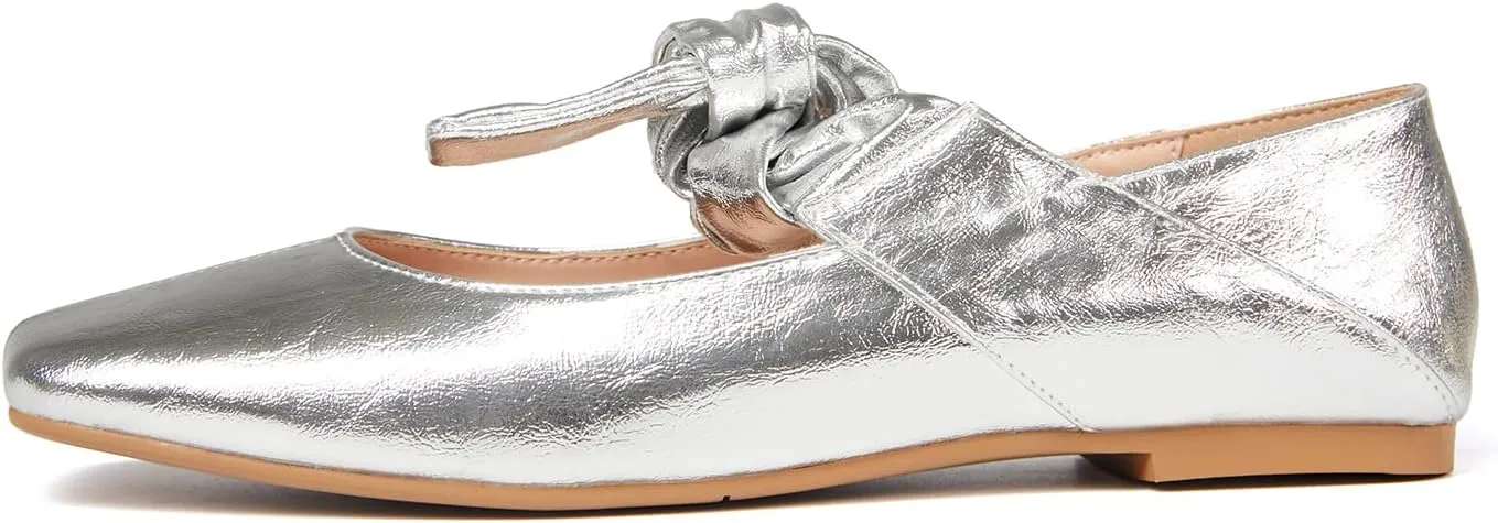 Ballet Flats for Women Square Toe Leather Bow Mary Janes Comfortable Casual Office Walk Dress Shoes