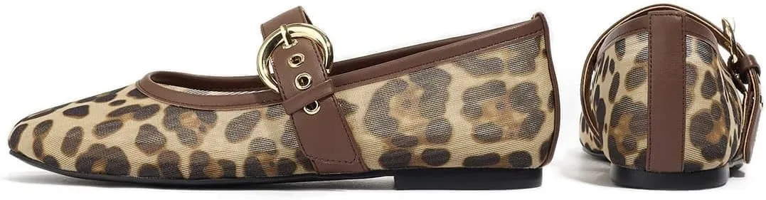 Ballet Flats Shoes for Women with Strap Mary Jane Leopard Print Casual Flat Shoes for Daily Wear, Office, or Travel