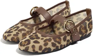 Ballet Flats Shoes for Women with Strap Mary Jane Leopard Print Casual Flat Shoes for Daily Wear, Office, or Travel