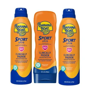 Banana Boat Sport Ultra SPF 50 Sunscreen Triple Pack | Includes 2 Sunscreen Sprays & 1 Lotion SPF 50, Sunblock, Water Resistant, Oxybenzone-Free, 8oz each (Pack of 3)
