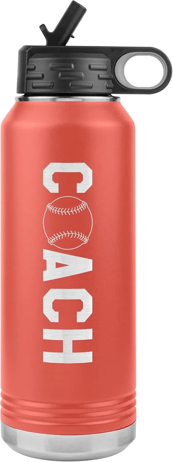 Baseball Coach Water Bottle - 32oz Insulated Engraved Stainless Steel Flip Top with Straw Baseball Coach Gift Coral