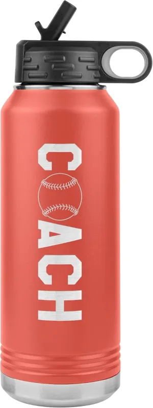 Baseball Coach Water Bottle - 32oz Insulated Engraved Stainless Steel Flip Top with Straw Baseball Coach Gift Coral