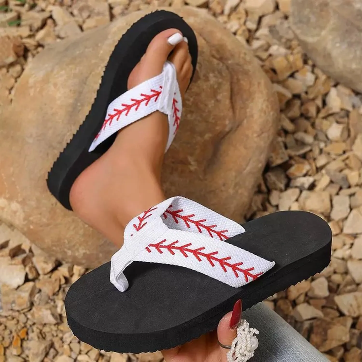 Baseball Mom Flip Flops Women'S Embroidered Slippers Slippers With Embroidery Crafted Laces Mother'S Day Gift For Mom Gift For Ball Games Lovers (white, US Women's Size 7.5)