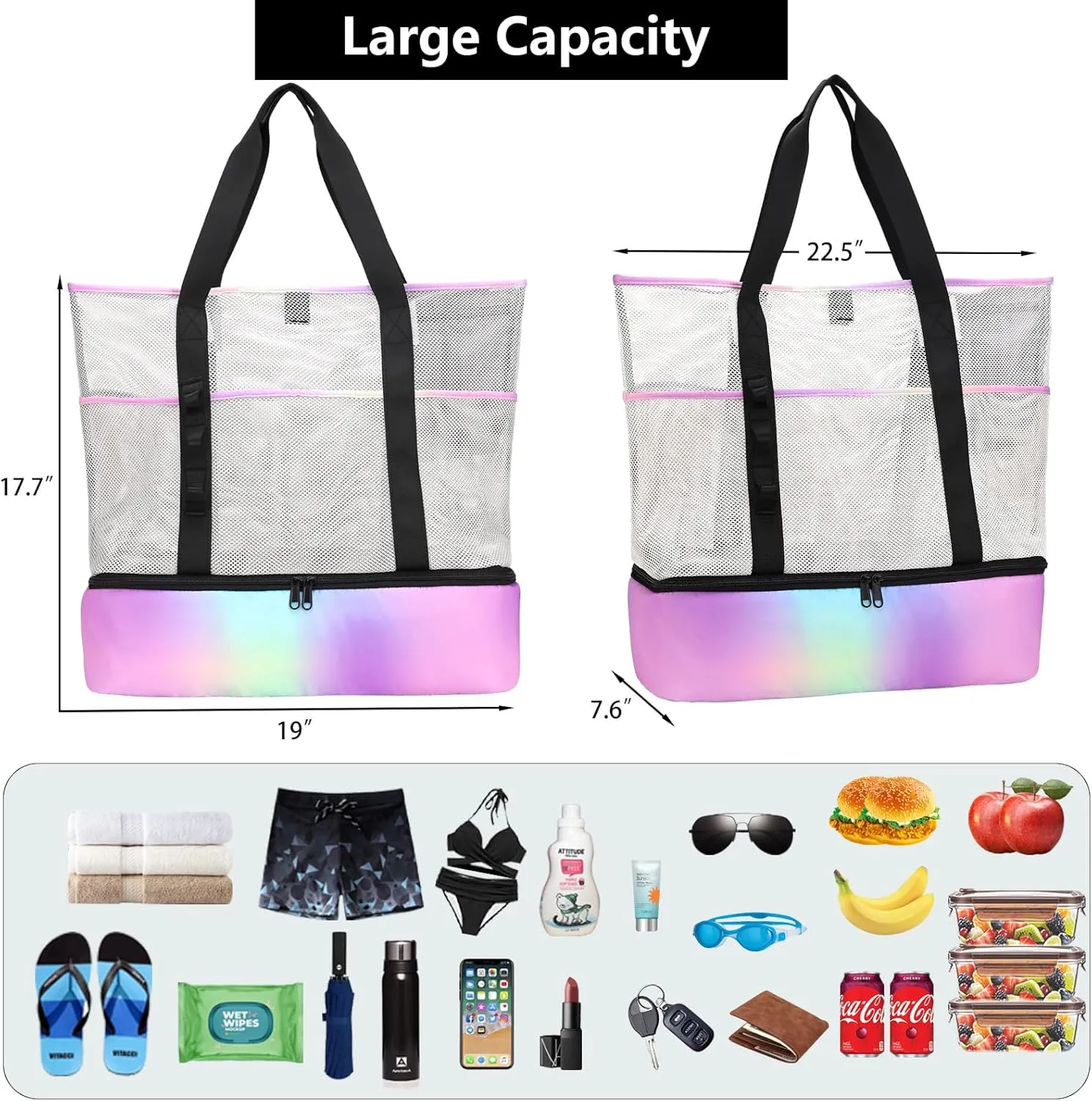 Beach Bag with Cooler,Mesh Beach Bags for Women Sandproof for Pool and Swimming Travel Daily with Durable 8 Pocket