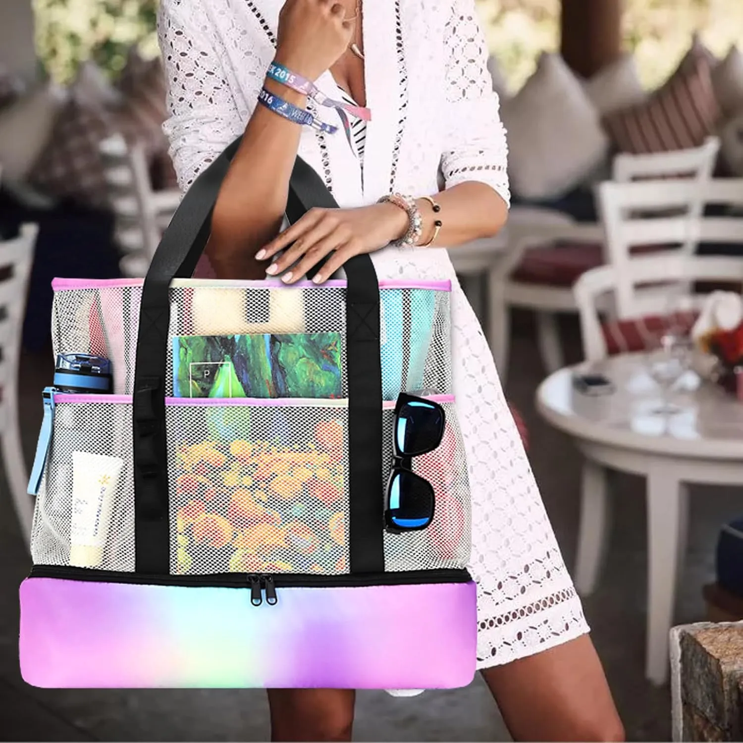 Beach Bag with Cooler,Mesh Beach Bags for Women Sandproof for Pool and Swimming Travel Daily with Durable 8 Pocket