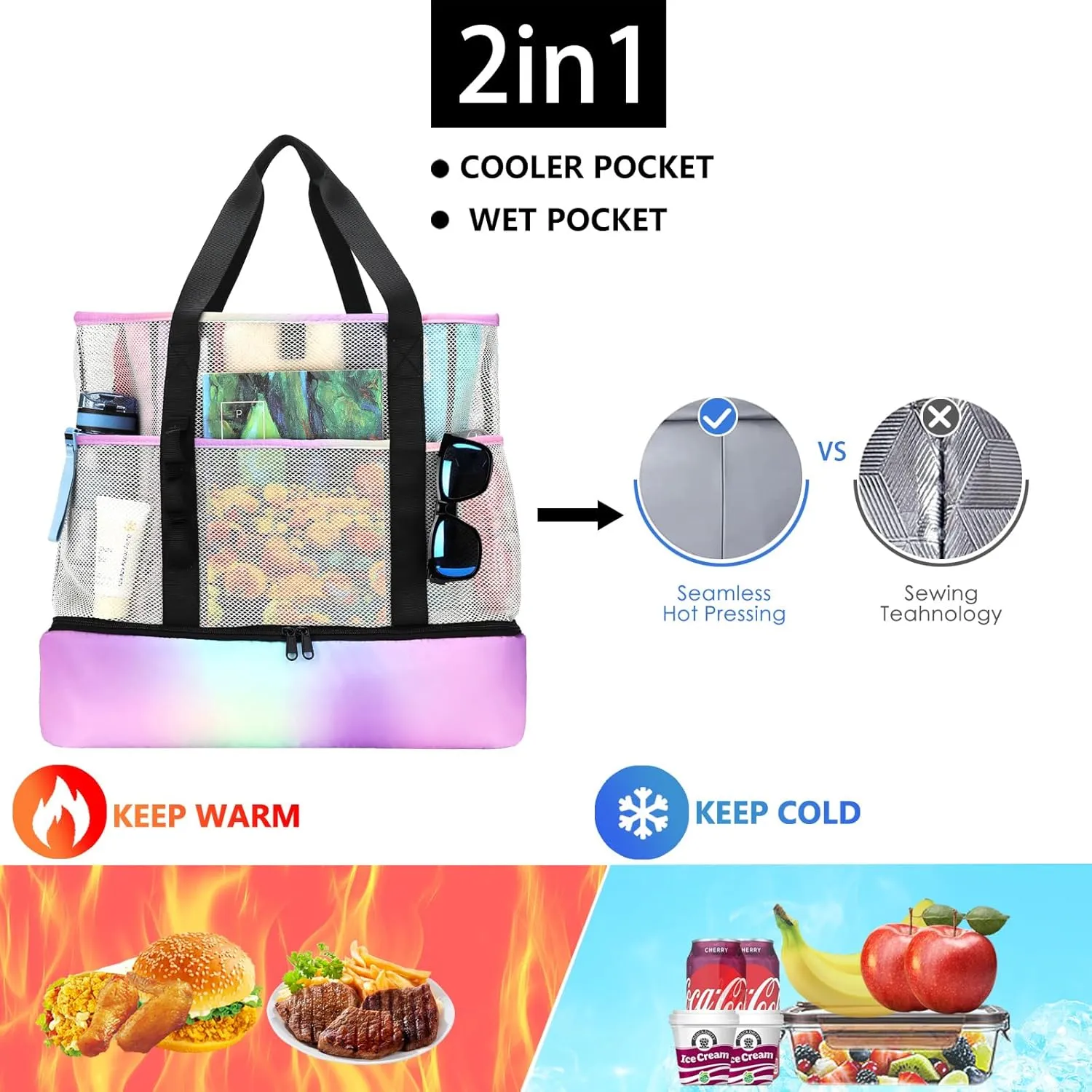 Beach Bag with Cooler,Mesh Beach Bags for Women Sandproof for Pool and Swimming Travel Daily with Durable 8 Pocket